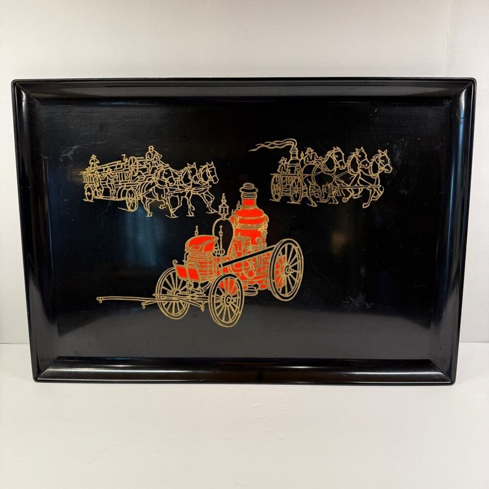 Vintage Couroc of Monterey MCM Horse-Drawn Fire Engine Inlay Large Black Tray
